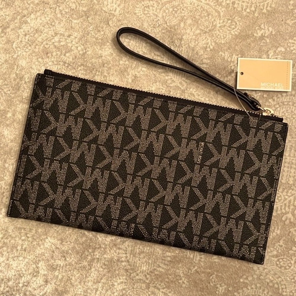 Brand New Michael Kors Large Zippered Clutch Wristlet Black & Gold Jet Set - Picture 7 of 15